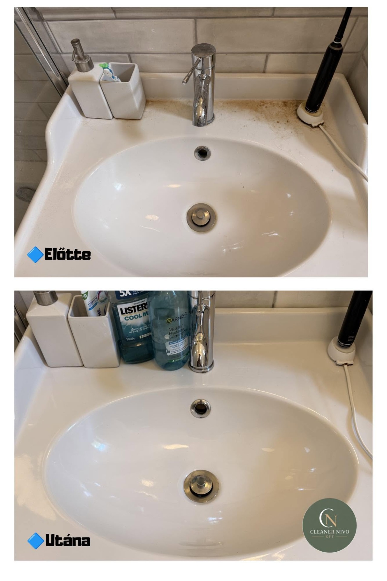 ✨ Előtte ➡️ Utána Fürdőszoba vízkő-, szappan- és egyéb lerakódások takarítása.